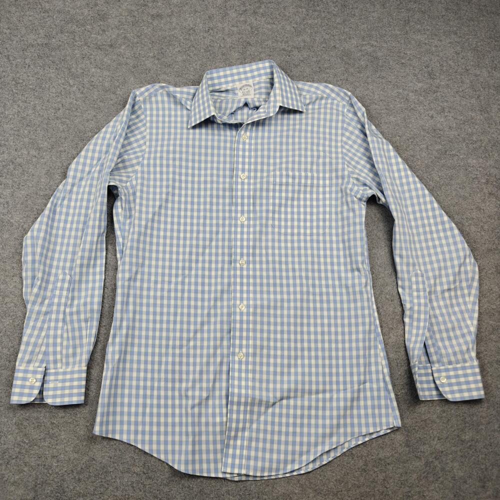 Brooks Brothers Dress Shirt Mens 15 32/33 Blue Gingham Non-Iron Spread Collar
